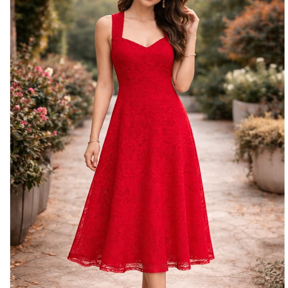 Slinky Y2K Lace Baqbydoll Midi Dress Sz L Red Valentines Romantic Cocktail